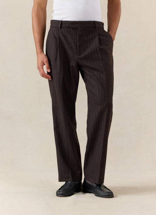 Men's Pinstripe Pleated Tailored Trousers - Wool - Brown - Percival