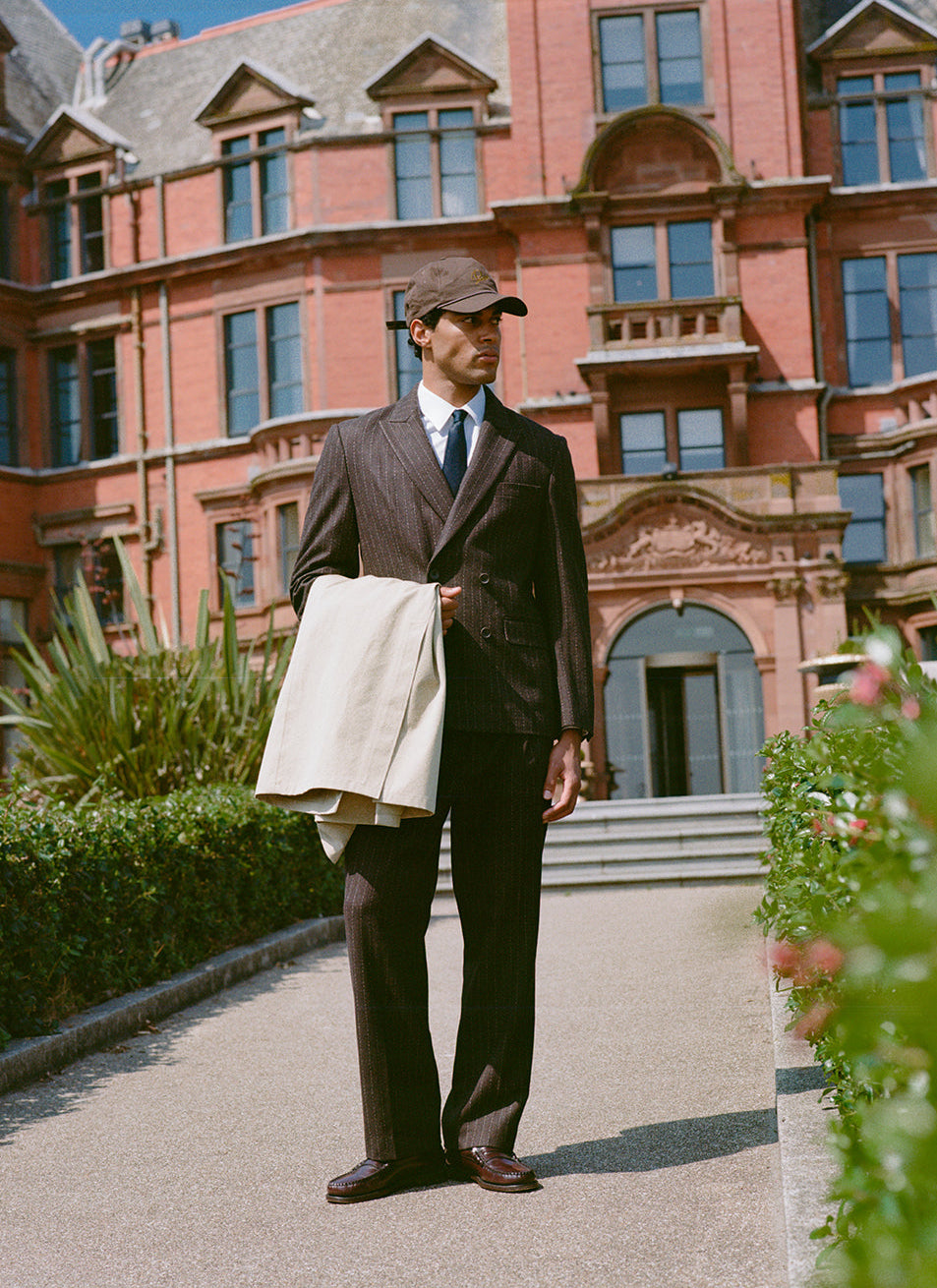 Men's Pinstripe Pleated Tailored Trousers - Wool - Brown - Percival