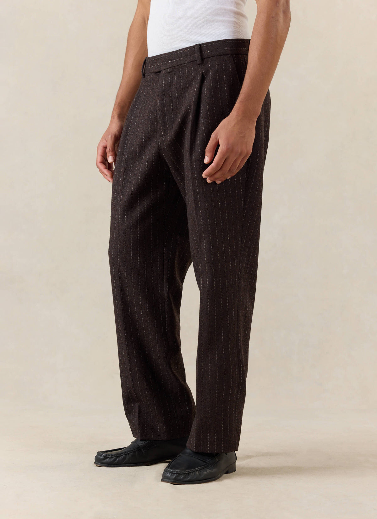 Men's Pinstripe Pleated Tailored Trousers - Wool - Brown - Percival