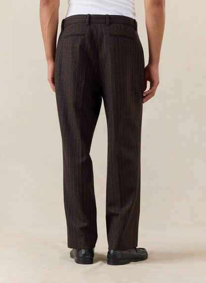 Men's Pinstripe Pleated Tailored Trousers - Wool - Brown - Percival