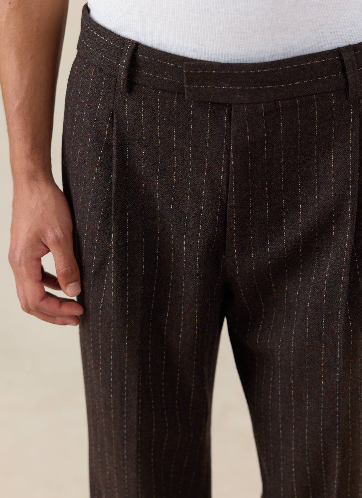 Men's Pinstripe Pleated Tailored Trousers - Wool - Brown - Percival