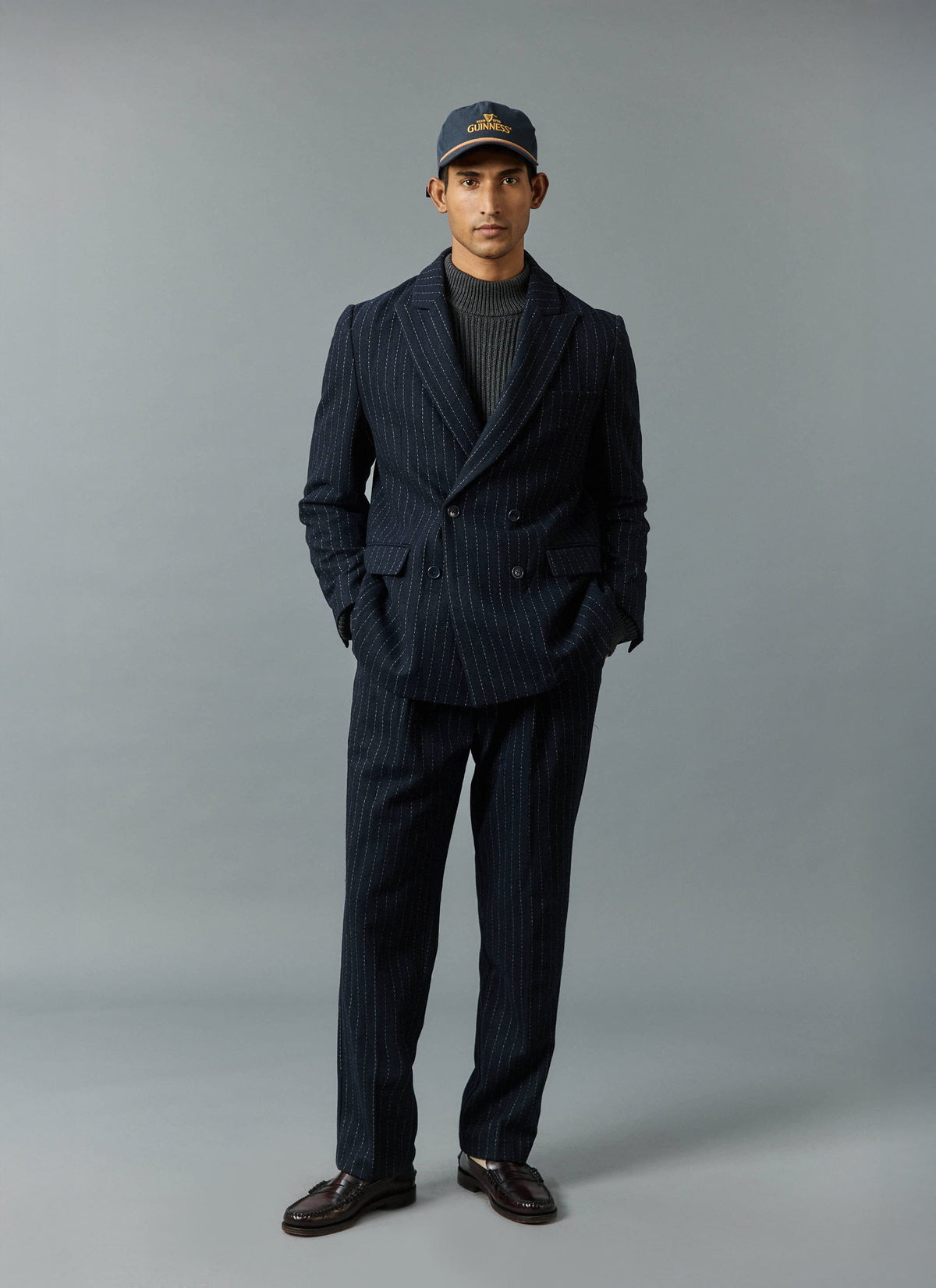 Textured Stripe Double Breasted Blazer - Navy
