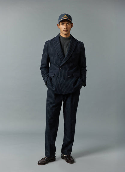 Textured Stripe Double Breasted Blazer - Navy
