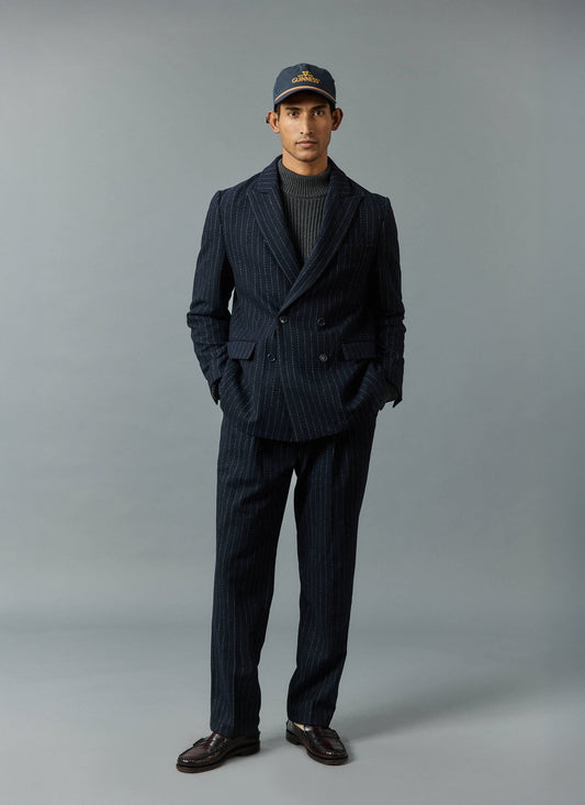 Textured Stripe Double Breasted Blazer - Navy