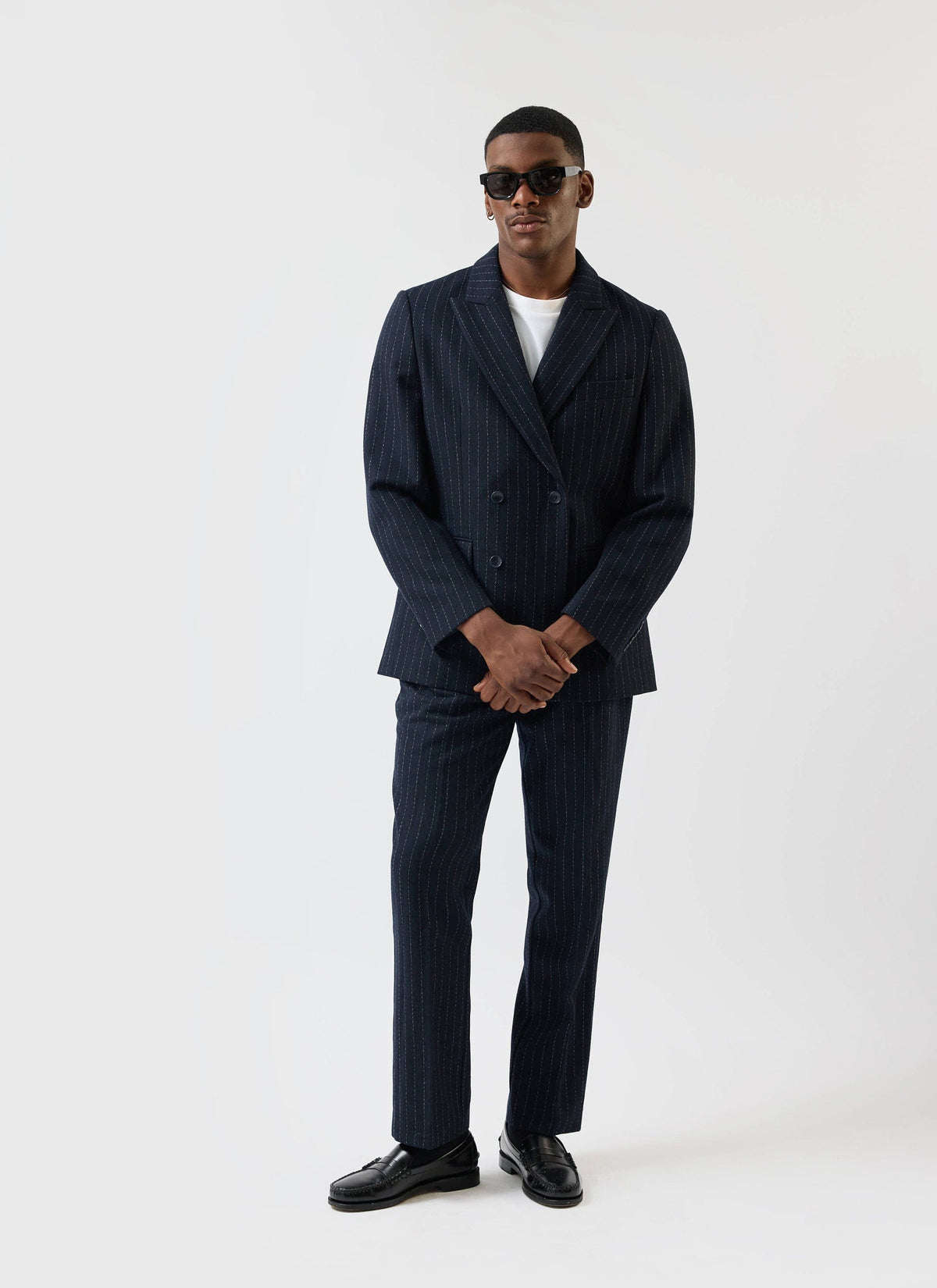 Textured Stripe Double Breasted Blazer - Navy