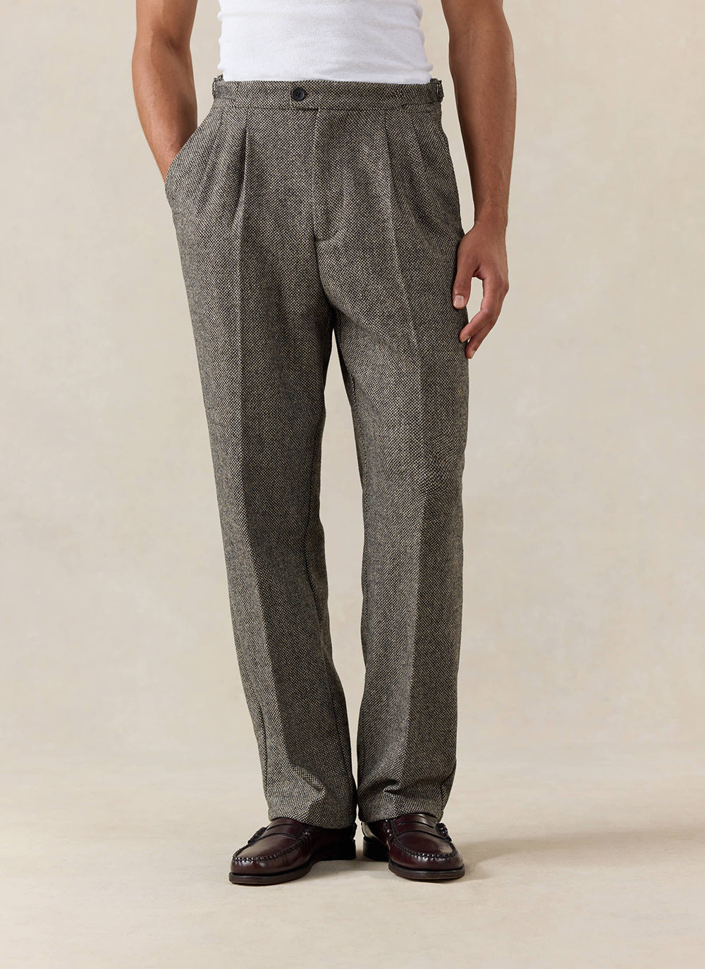 Men's Double Pleated Tailored Trousers - Grey Birdseye Wool - Percival