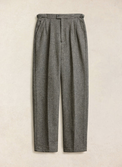 Men's Double Pleated Tailored Trousers - Grey Birdseye Wool - Percival