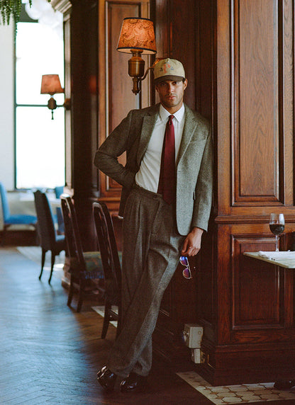 Men's Double Pleated Tailored Trousers - Grey Birdseye Wool - Percival