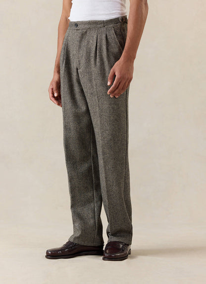 Men's Double Pleated Tailored Trousers - Grey Birdseye Wool - Percival