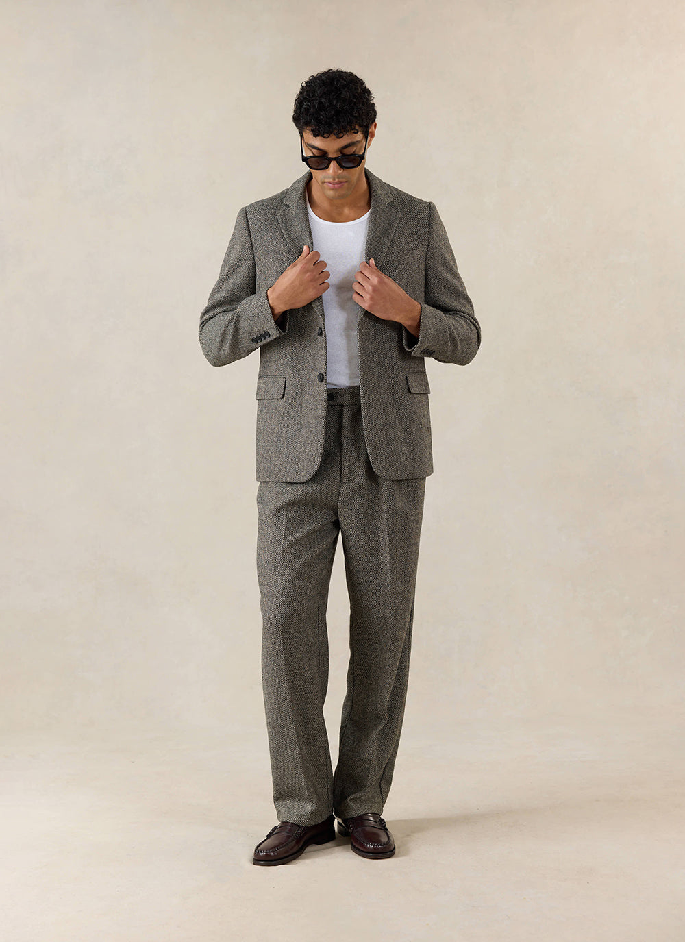 Men's Double Pleated Tailored Trousers - Grey Birdseye Wool - Percival