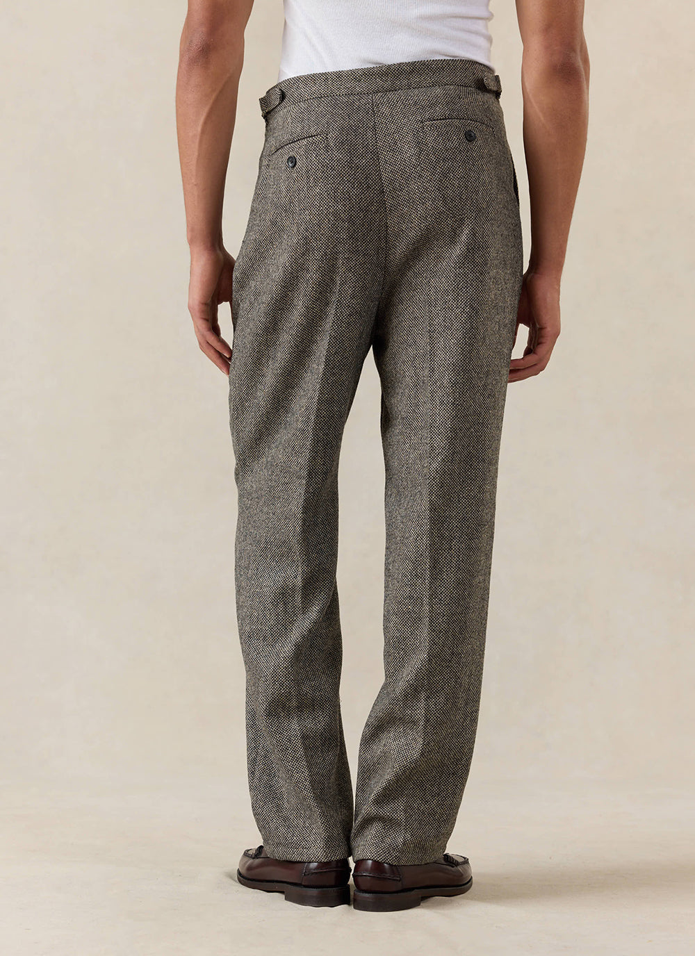 Men's Double Pleated Tailored Trousers - Grey Birdseye Wool - Percival