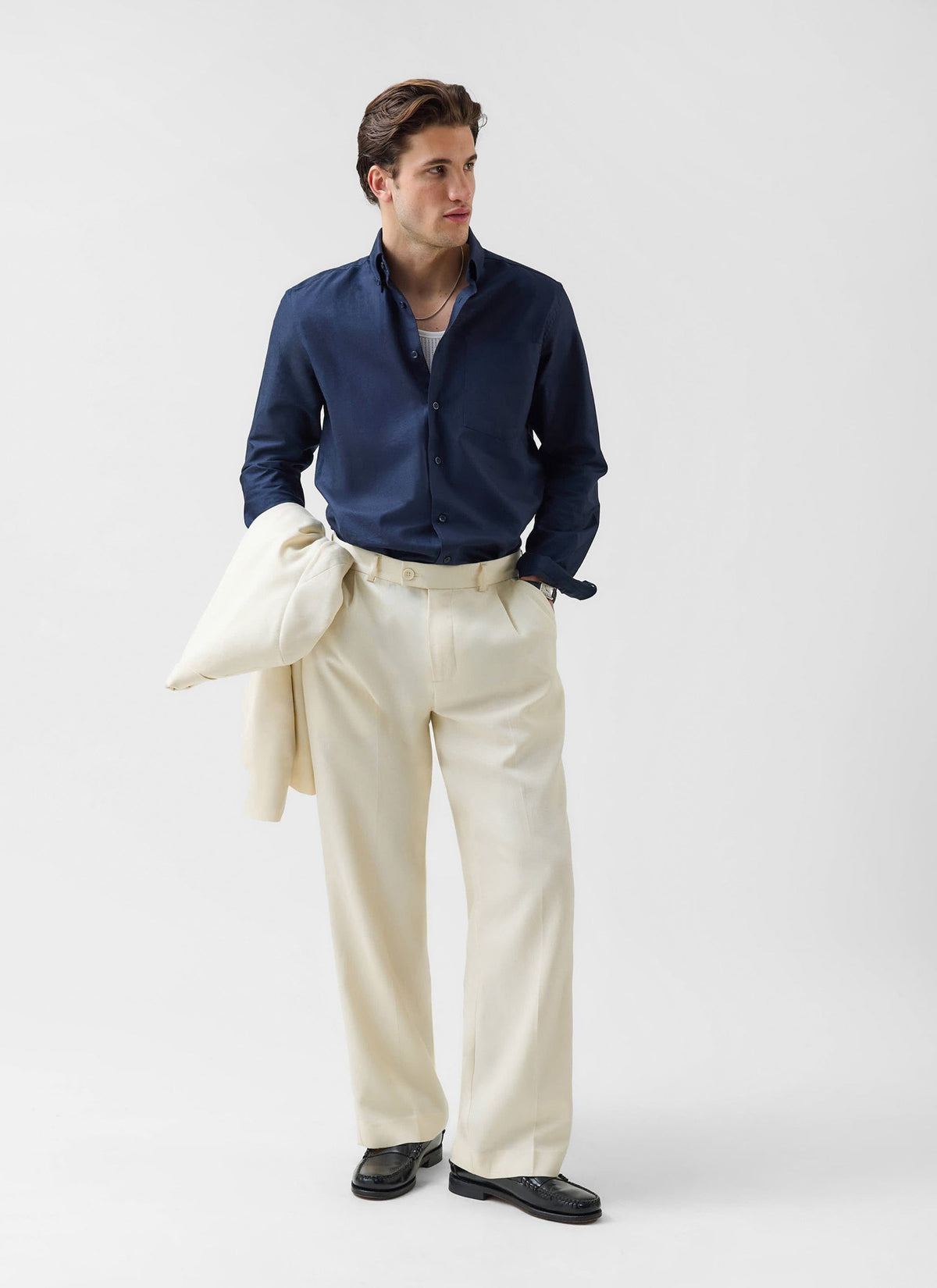 Men's Pleated Trousers - Relaxed Fit - Cream - Lyocell