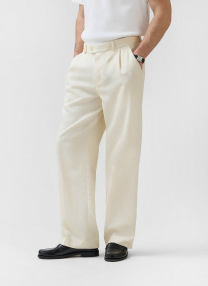 Men's Pleated Trousers - Relaxed Fit - Cream - Lyocell