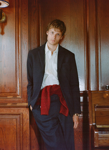 Men's Navy Herringbone Wool Blazer - Suit Jacket - Percival