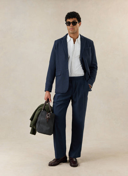 Men's Navy Herringbone Wool Blazer - Suit Jacket - Percival