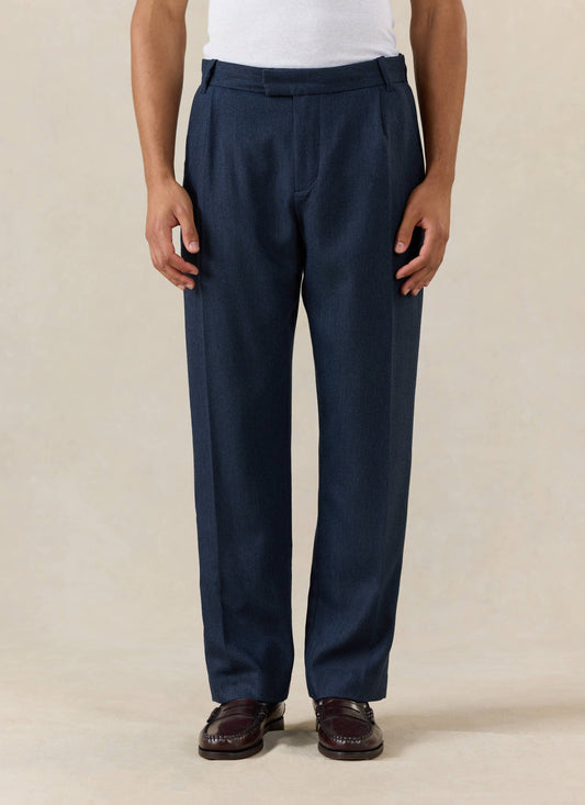 Men's Navy Pleated Trousers - Herringbone Wool - Percival