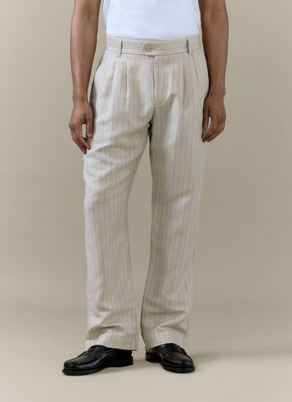 Men's Cream Striped Pleated Tailored Trousers - Linen Blend