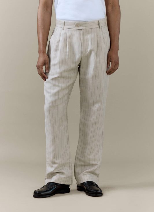 Men's Cream Striped Pleated Tailored Trousers - Linen Blend
