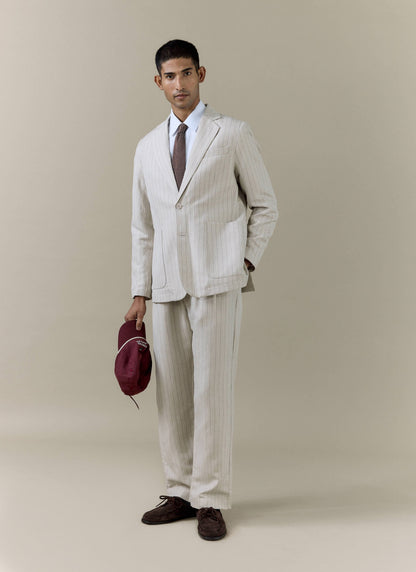Men's Cream Striped Pleated Tailored Trousers - Linen Blend