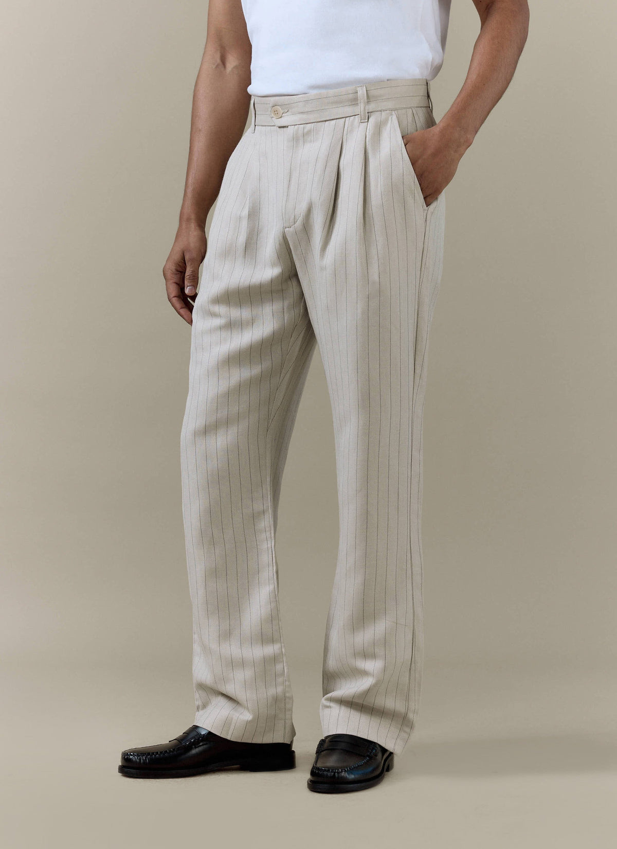 Men's Cream Striped Pleated Tailored Trousers - Linen Blend