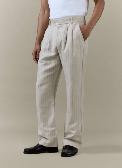 Men's Cream Striped Pleated Tailored Trousers - Linen Blend