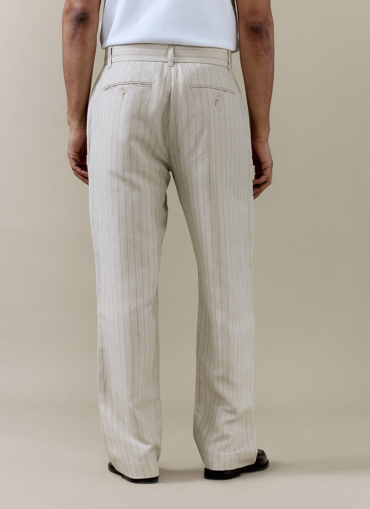 Men's Cream Striped Pleated Tailored Trousers - Linen Blend