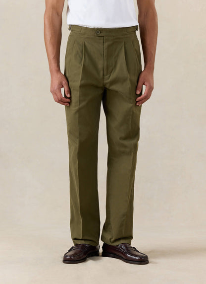 Men's Double Pleated Trousers - Brushed Moleskin - Forest Green - Percival