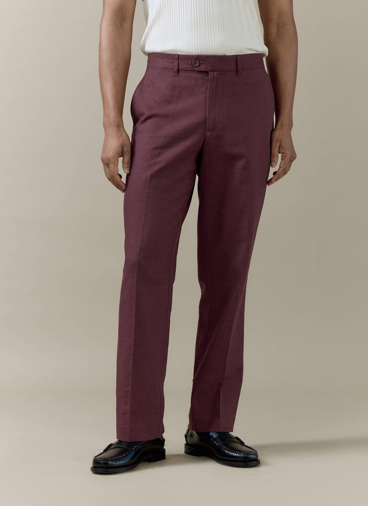 Men's Burgundy Tailored Trousers - Linen Cotton Blend