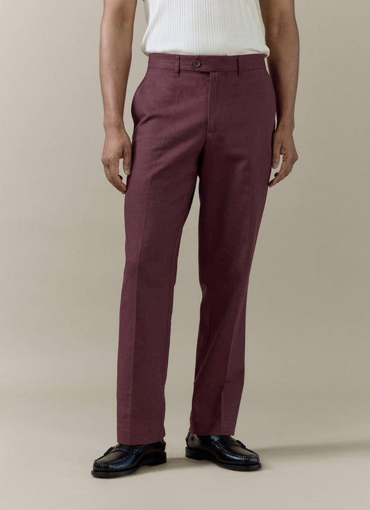 Men's Burgundy Tailored Trousers - Linen Cotton Blend