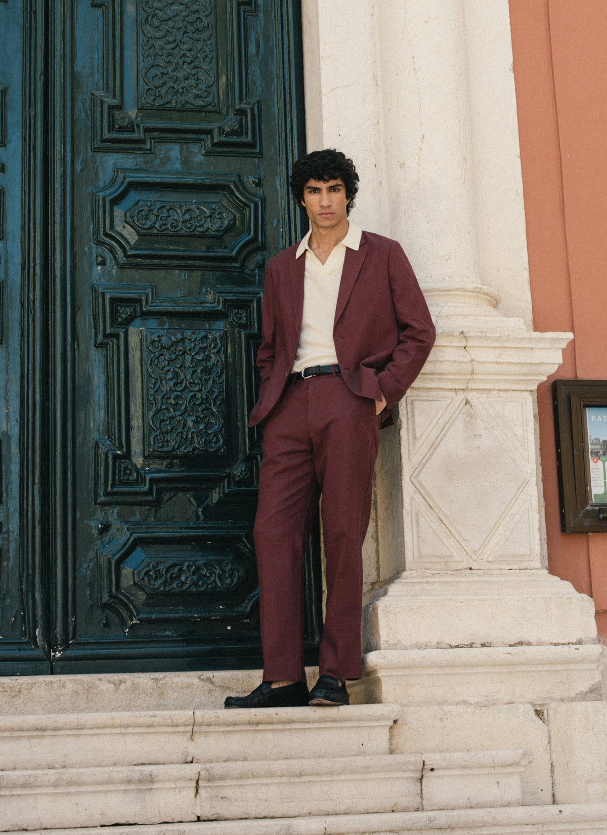 Men's Burgundy Tailored Trousers - Linen Cotton Blend