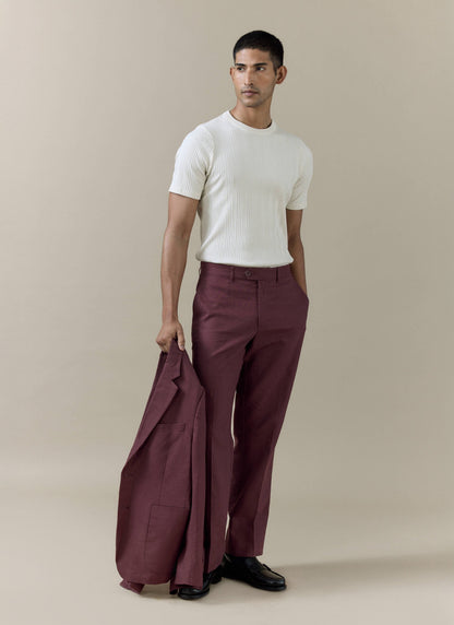 Men's Burgundy Tailored Trousers - Linen Cotton Blend