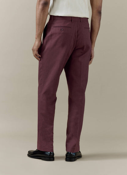 Men's Burgundy Tailored Trousers - Linen Cotton Blend
