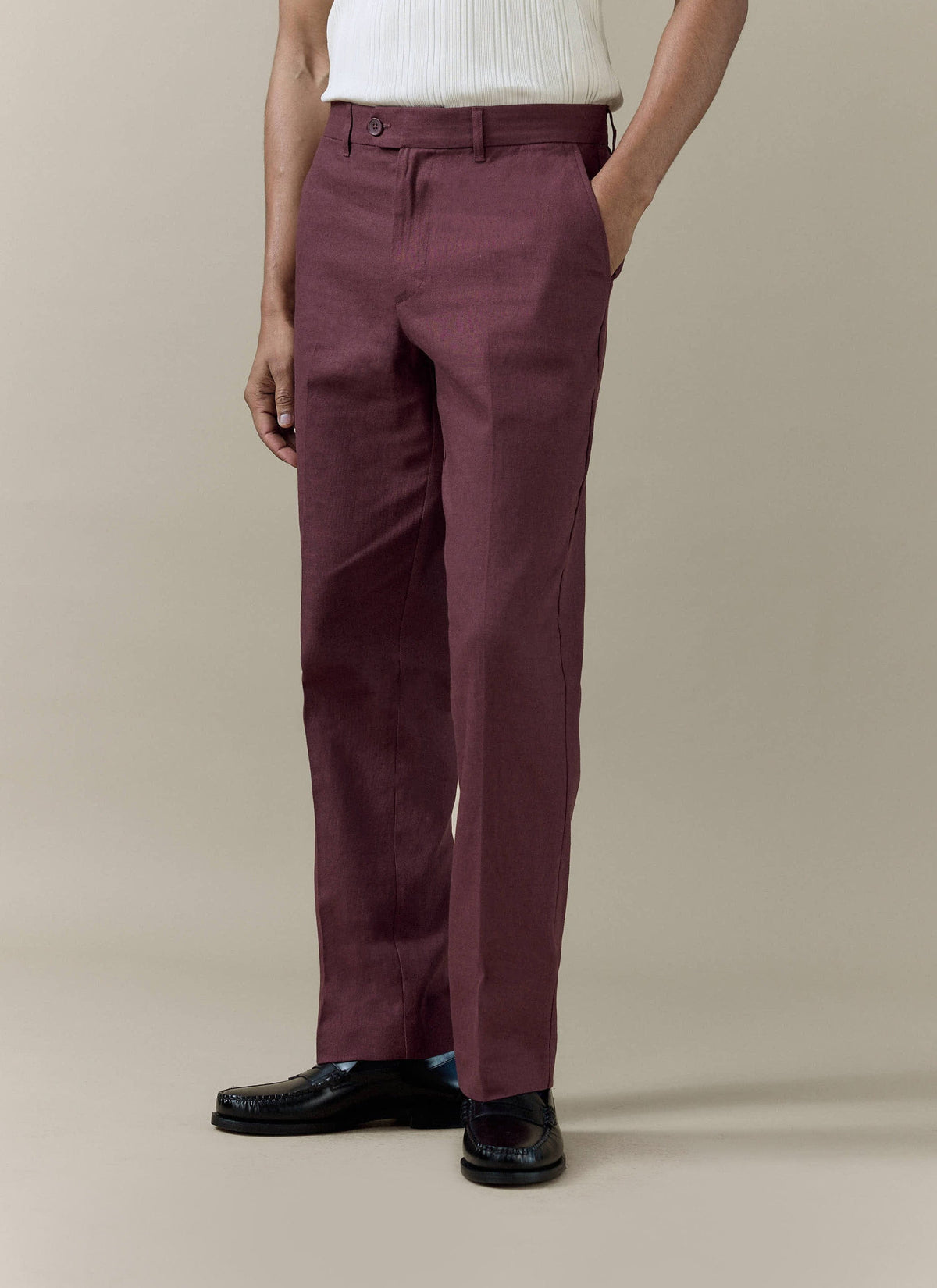 Men's Burgundy Tailored Trousers - Linen Cotton Blend