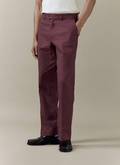 Men's Burgundy Tailored Trousers - Linen Cotton Blend