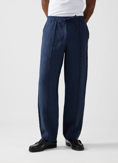 Men's Linen Trousers - Lorena Wide Leg - Navy Blue