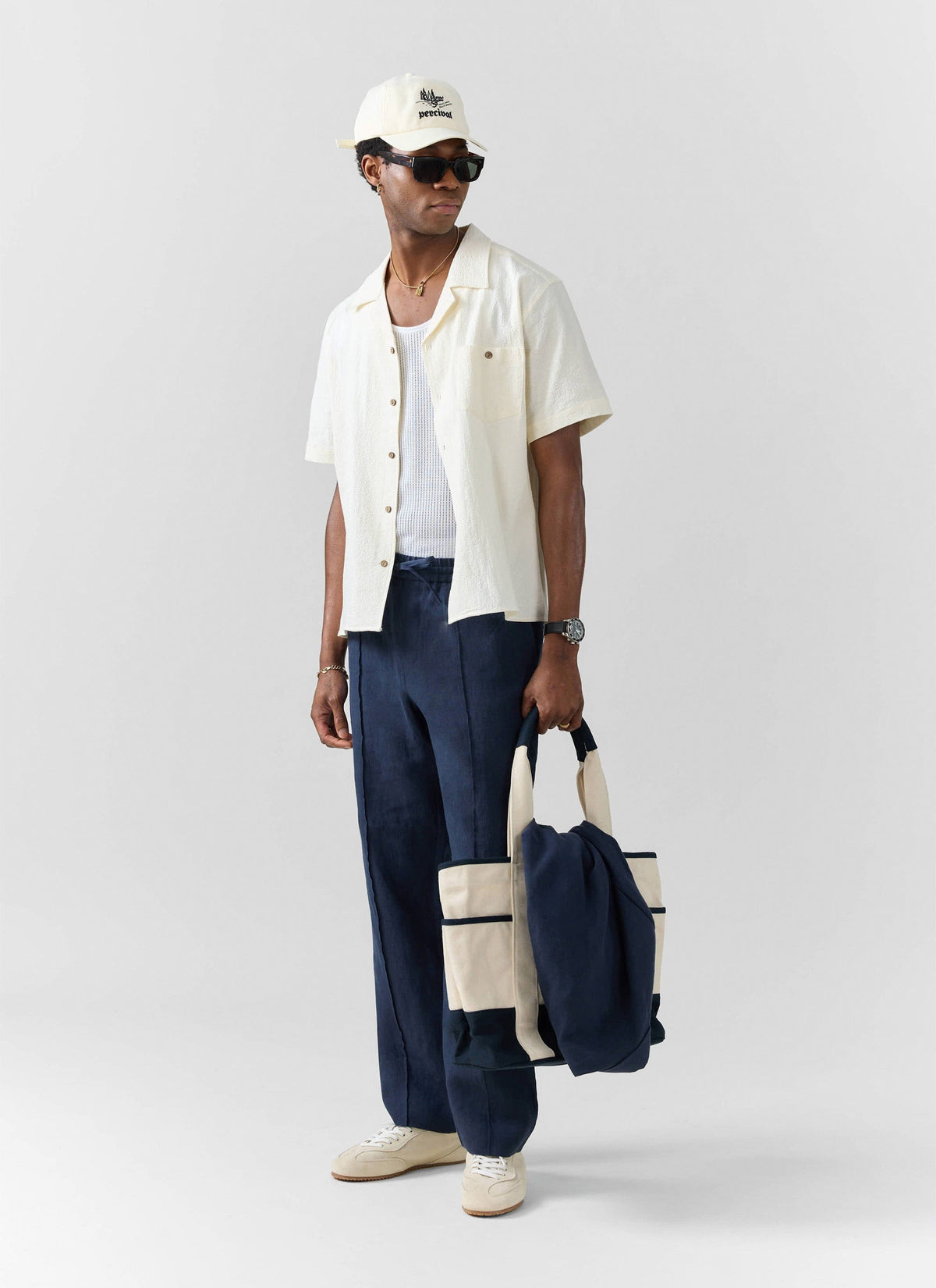 Men's Linen Trousers - Lorena Wide Leg - Navy Blue