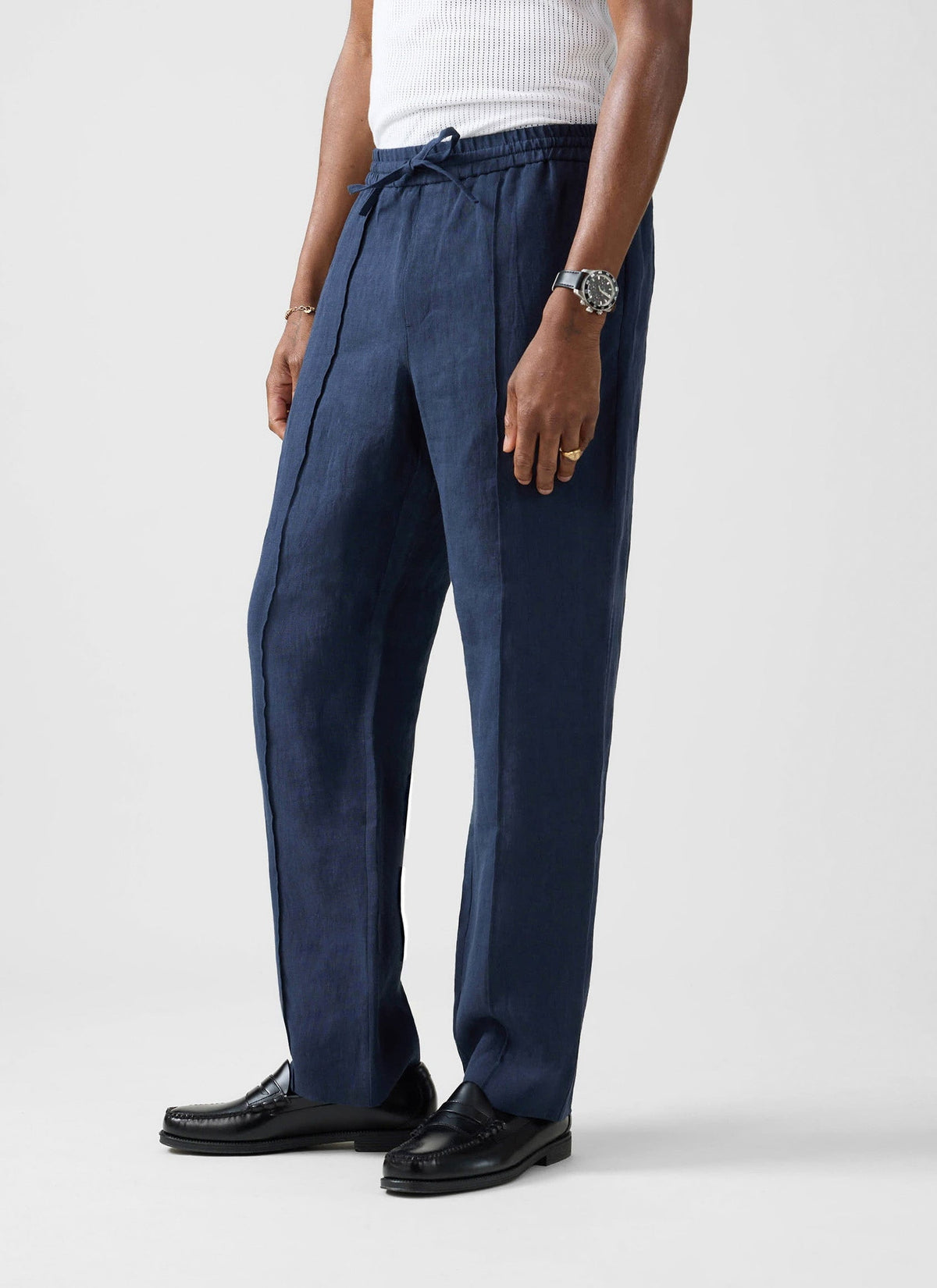 Men's Linen Trousers - Lorena Wide Leg - Navy Blue