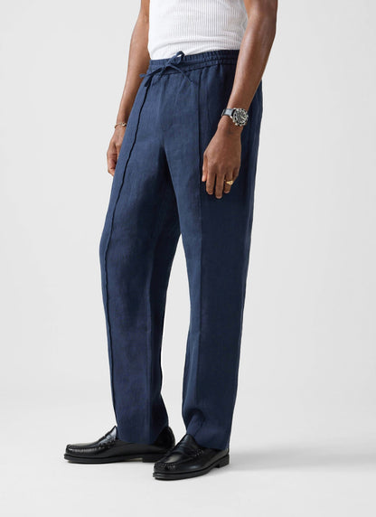 Men's Linen Trousers - Lorena Wide Leg - Navy Blue