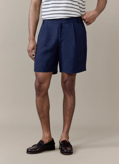 Men's Navy Pleated Tailored Linen Shorts