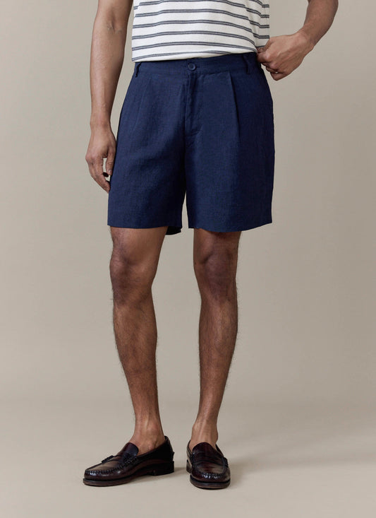 Men's Navy Pleated Tailored Linen Shorts