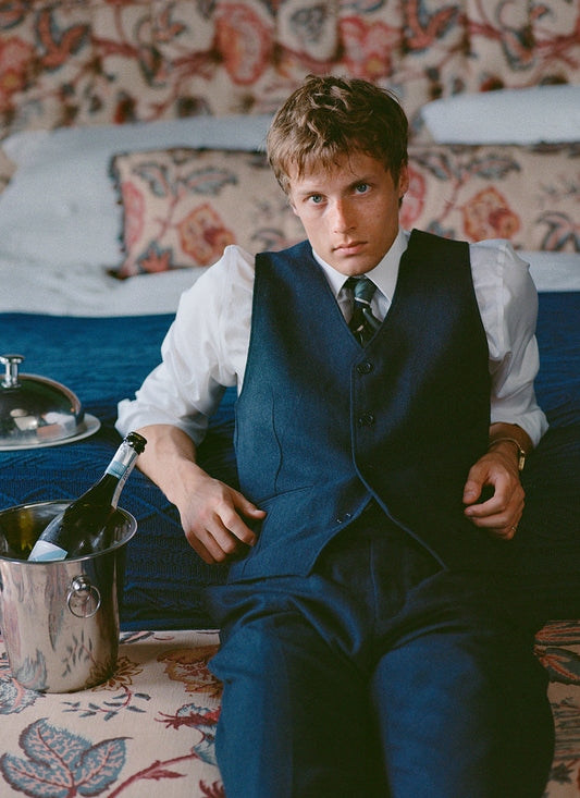 Men's Navy Herringbone Wool Tailored Waistcoat - Percival