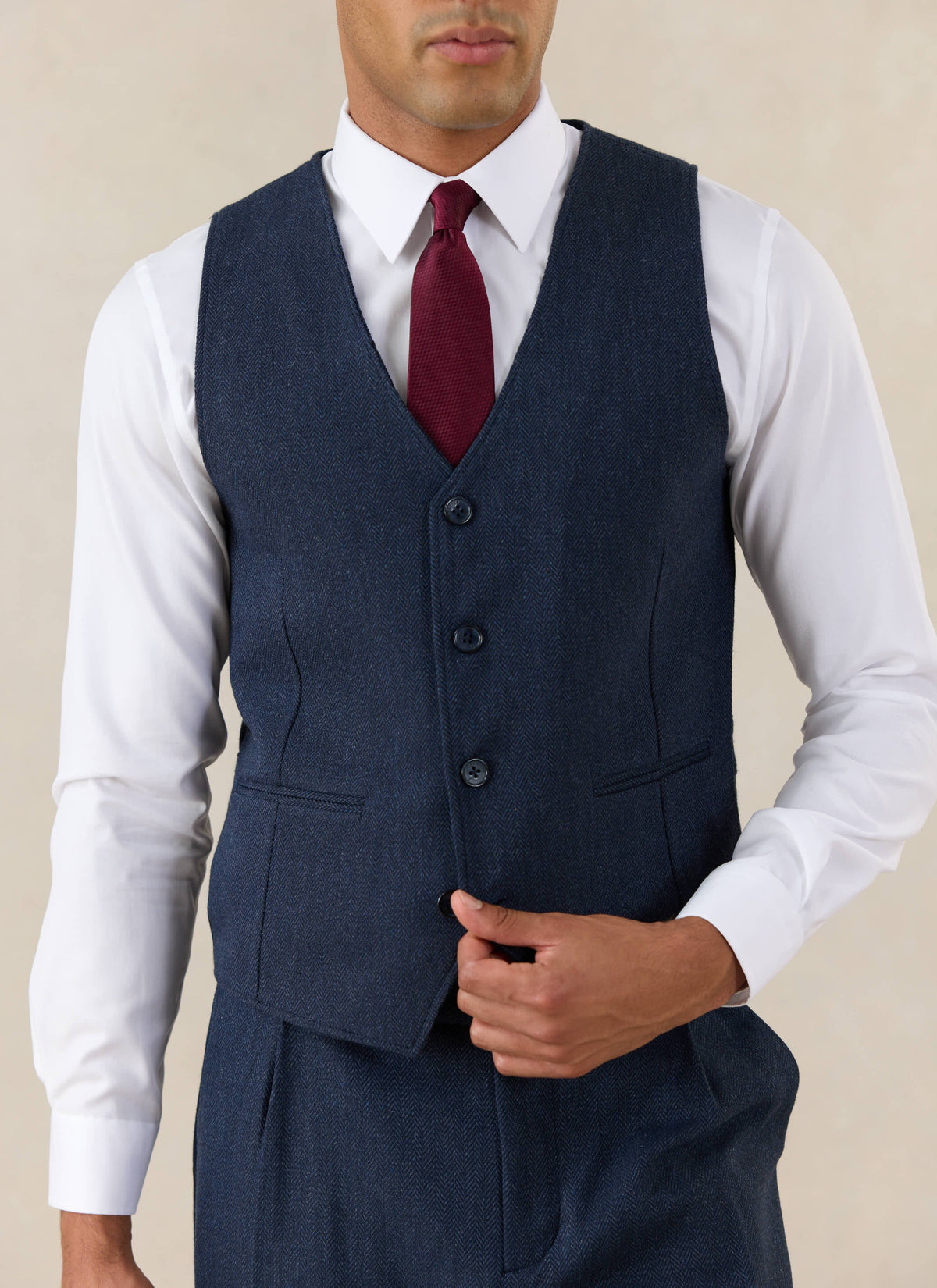 Men's Navy Herringbone Wool Tailored Waistcoat - Percival