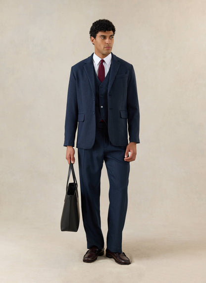 Men's Navy Herringbone Wool Tailored Waistcoat - Percival