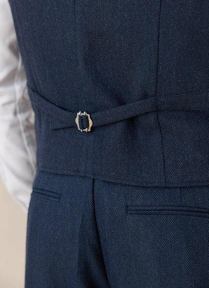 Men's Navy Herringbone Wool Tailored Waistcoat - Percival