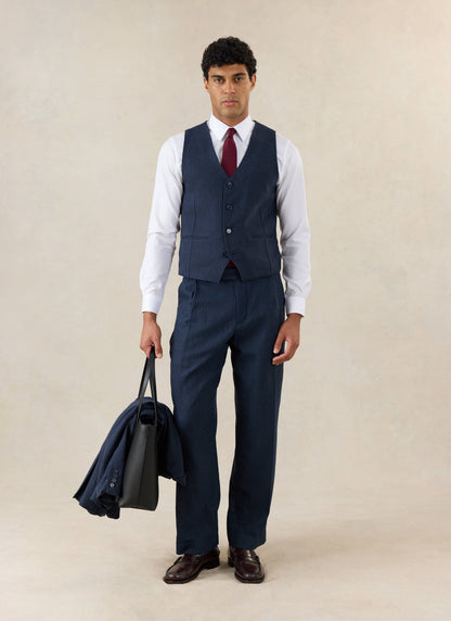 Men's Navy Herringbone Wool Tailored Waistcoat - Percival