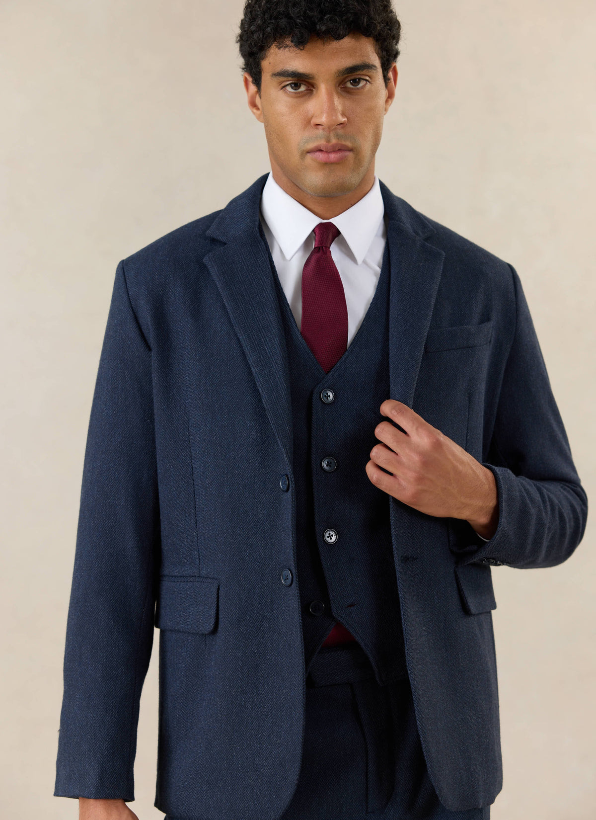 Men's Navy Herringbone Wool Tailored Waistcoat - Percival