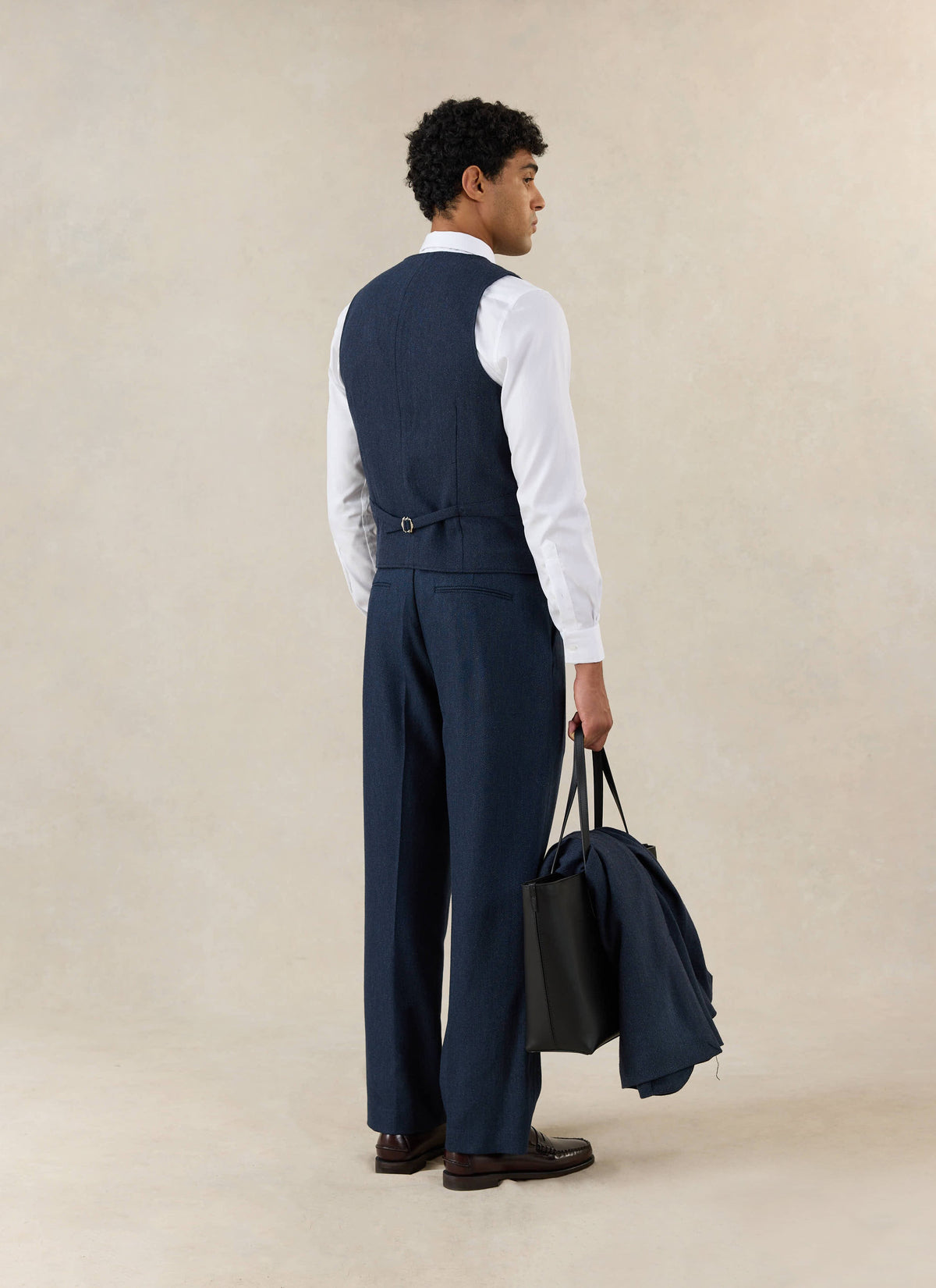 Men's Navy Herringbone Wool Tailored Waistcoat - Percival