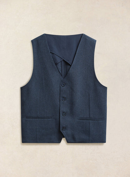 Men's Navy Herringbone Wool Tailored Waistcoat - Percival