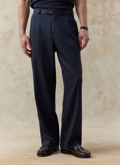 Men's Pleated Trousers - Relaxed Fit - Navy Blue - Lyocell