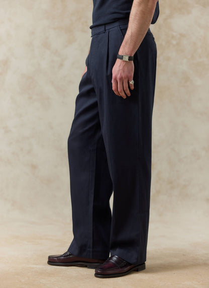 Men's Pleated Trousers - Relaxed Fit - Navy Blue - Lyocell
